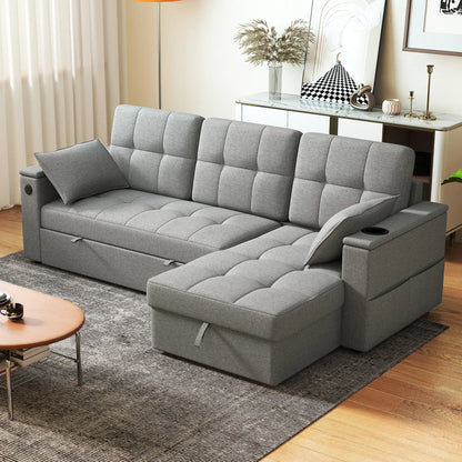 Convertible Sectional Sofa Bed, Pull Out Sleeper with USB, Chaise Storage, Grey Sofas & Reclining Chairs at Gallery Canada