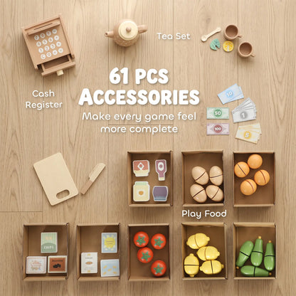 Wooden Grocery Store Playset, 61 Accessories, Play Food, Cash Register Toy Playsets at Gallery Canada