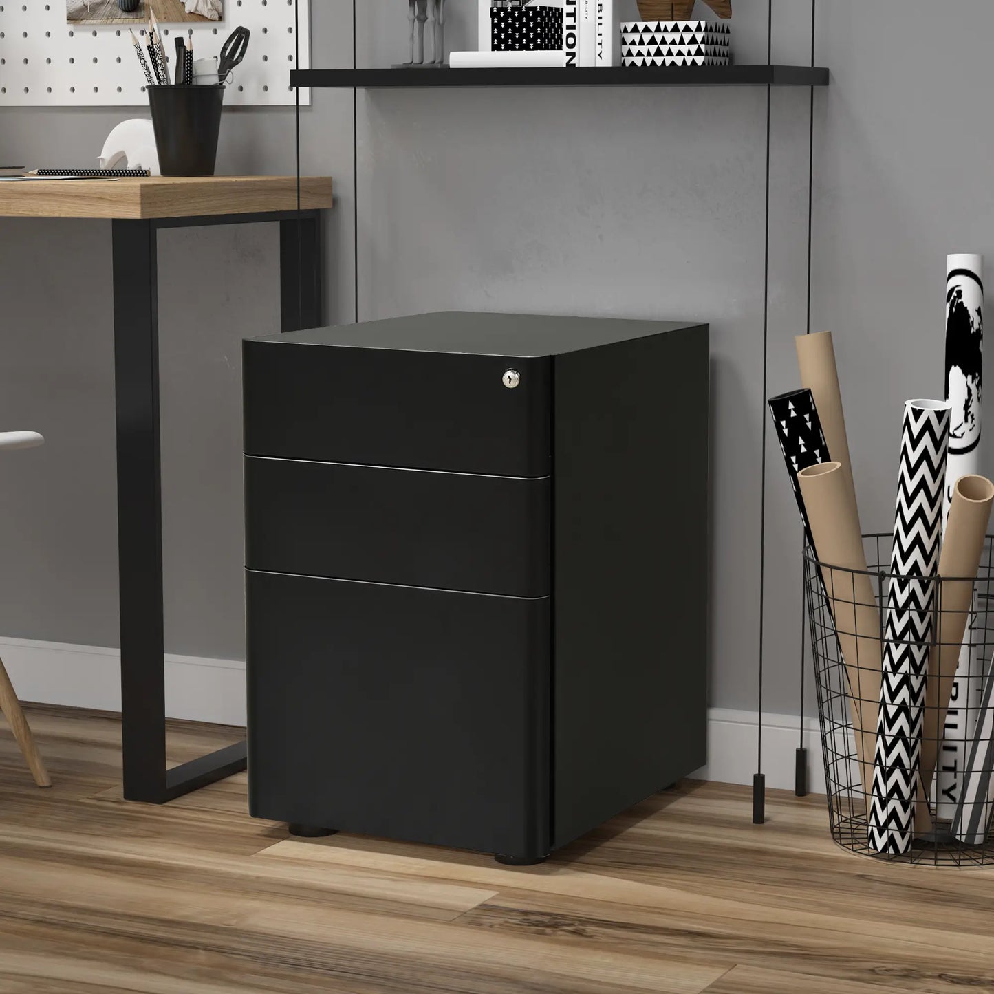 3 Drawer Metal Filing Cabinet, Mobile with Wheels, Black Office Cabinets & Cupboards at Gallery Canada