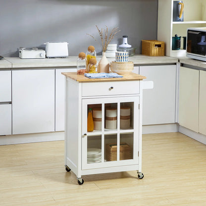 Rolling Kitchen Cart, Drawer Glass Door Cabinet, Island on Wheels, White Kitchen Islands & Kitchen Carts at Gallery Canada