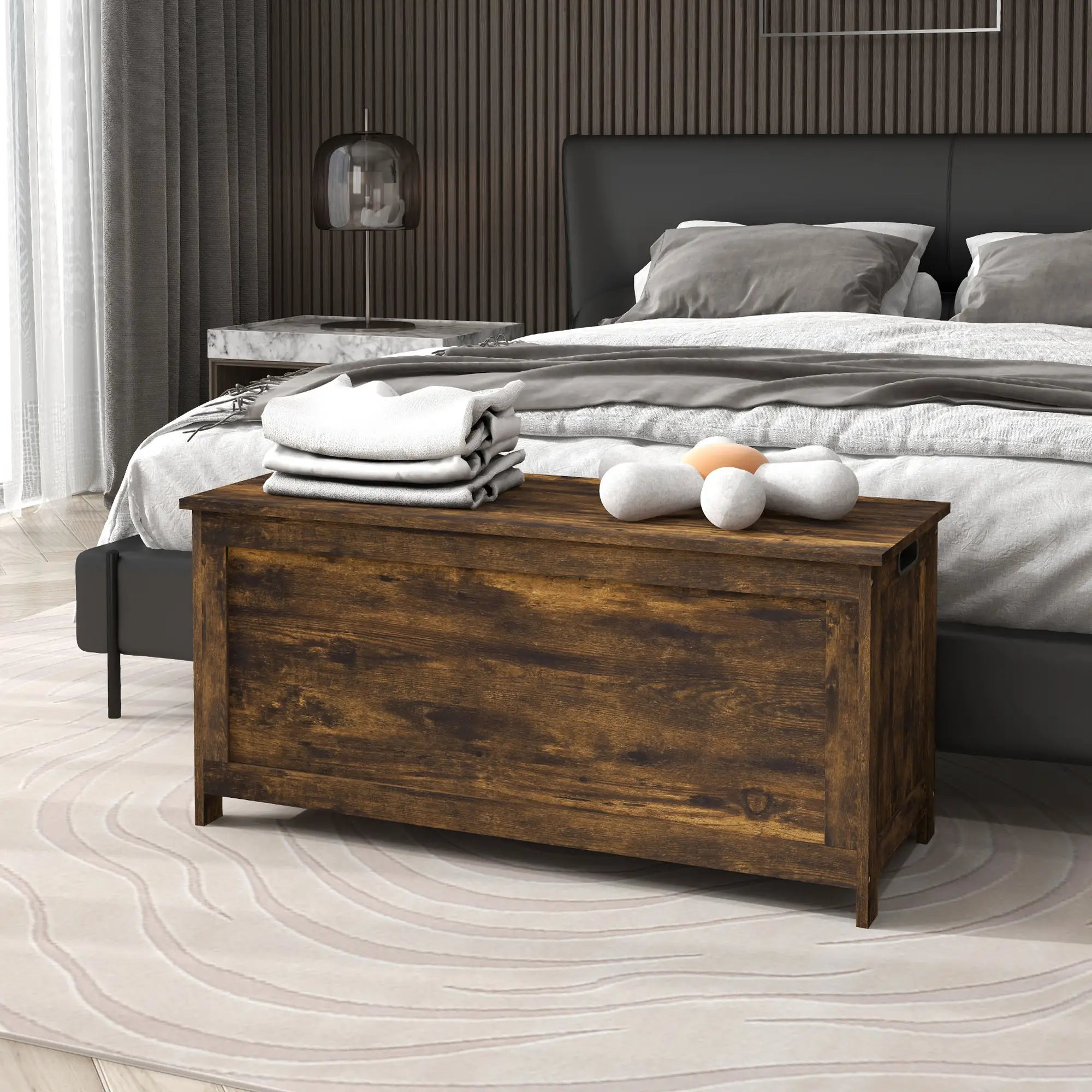 Modern Storage Trunk with Safety Hinges, Entryway Bench, Rustic Brown, Brown Storage Ottomans & Benches at Gallery Canada