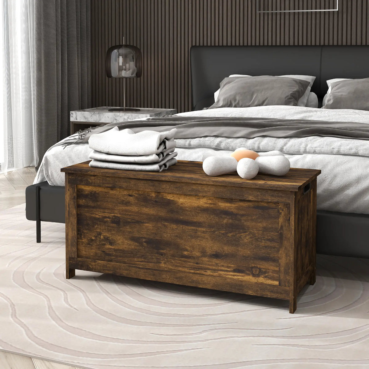 Modern Storage Trunk with Safety Hinges, Entryway Bench, Rustic Brown, Brown Storage Ottomans & Benches at Gallery Canada