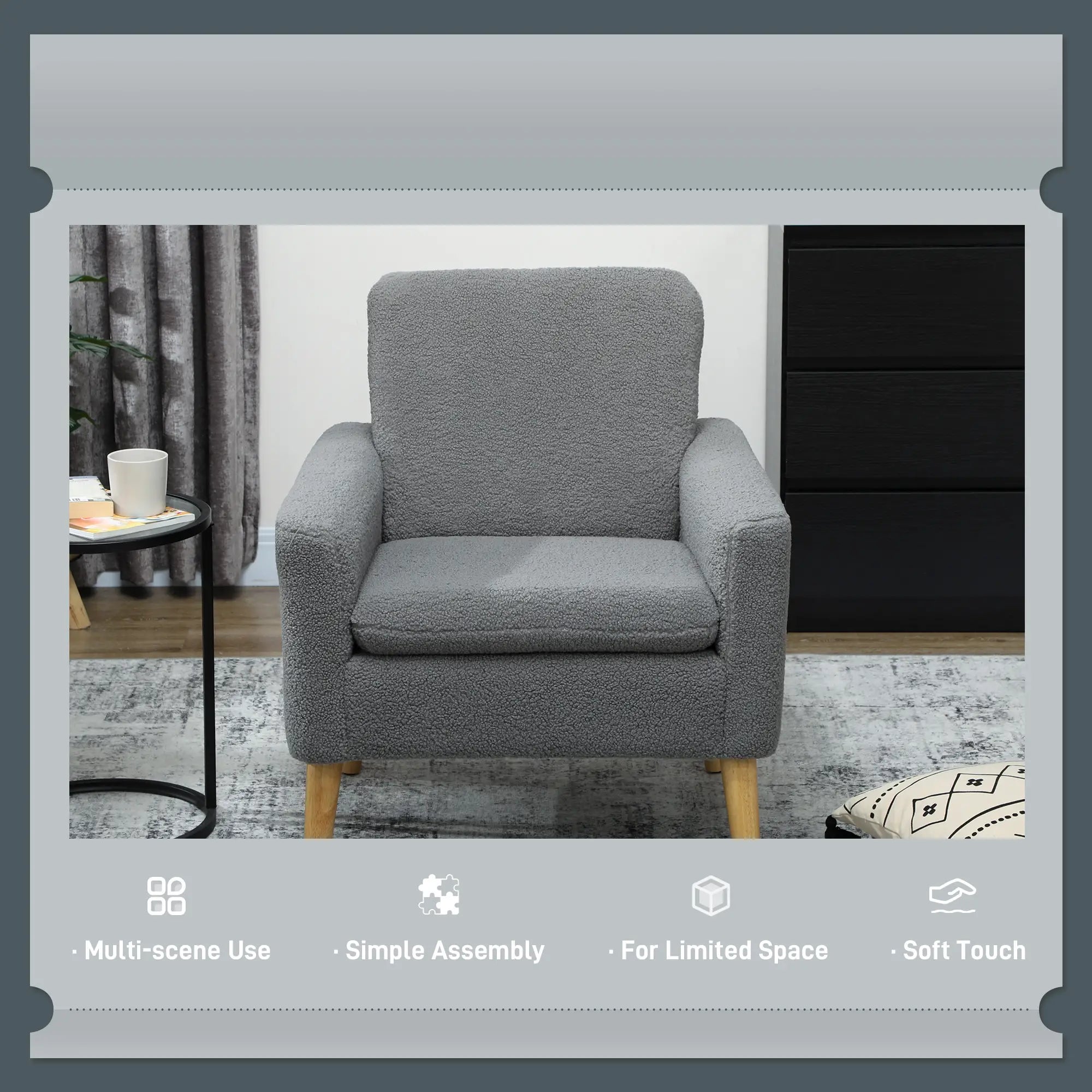 Modern Fabric Accent Chair, Upholstered Armchair with Wood Legs, Grey Accent Chairs at Gallery Canada