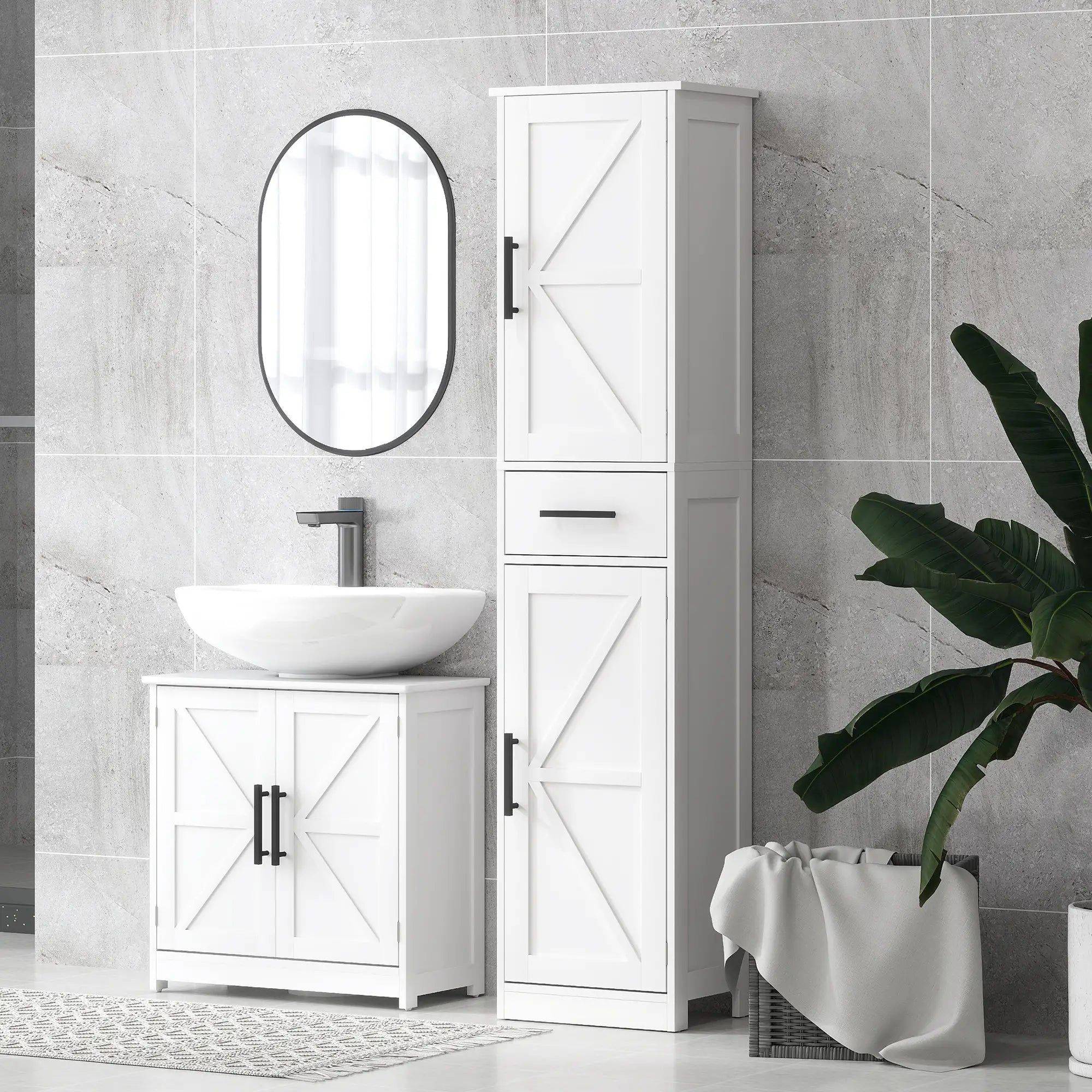 Farmhouse Pedestal Sink Cabinet, Bathroom Storage with 2 Barn Doors, Adjustable Shelf, White Bathroom Cabinets at Gallery Canada