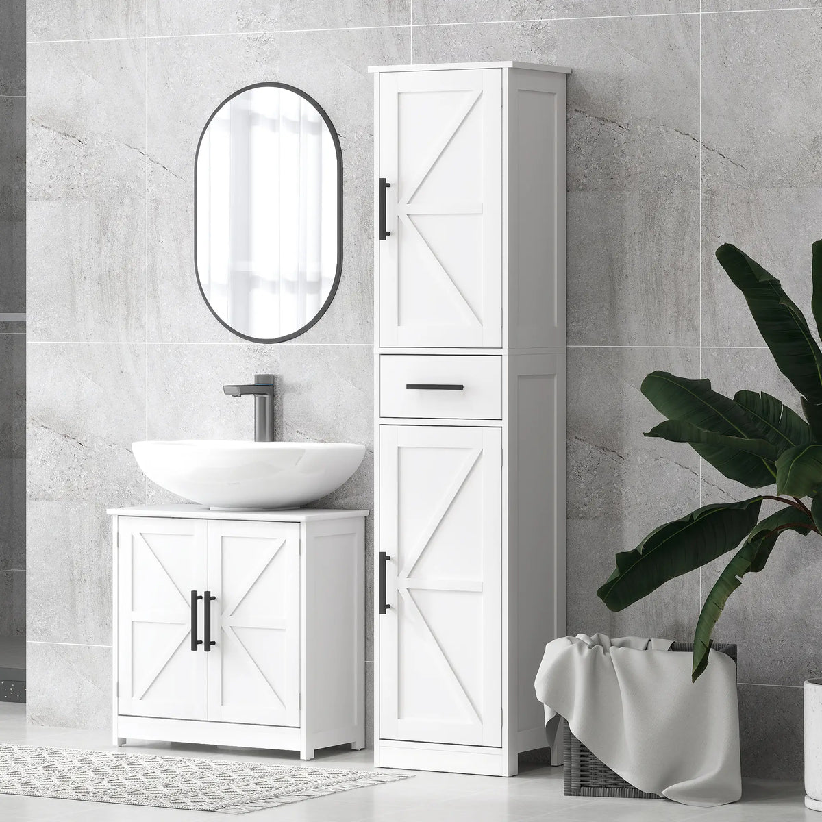 Farmhouse Pedestal Sink Cabinet, Bathroom Storage with 2 Barn Doors, Adjustable Shelf, White Bathroom Cabinets at Gallery Canada