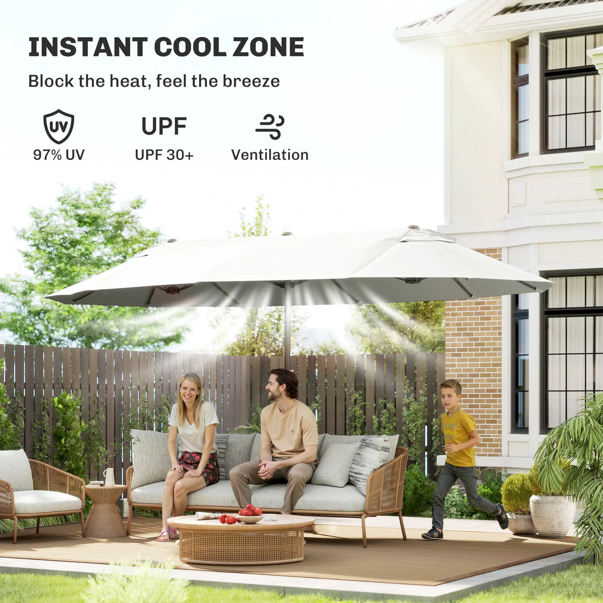 15 Ft Twin Canopy Patio Umbrella, Steel Lift Crank, Beige Sun Umbrellas at Gallery Canada