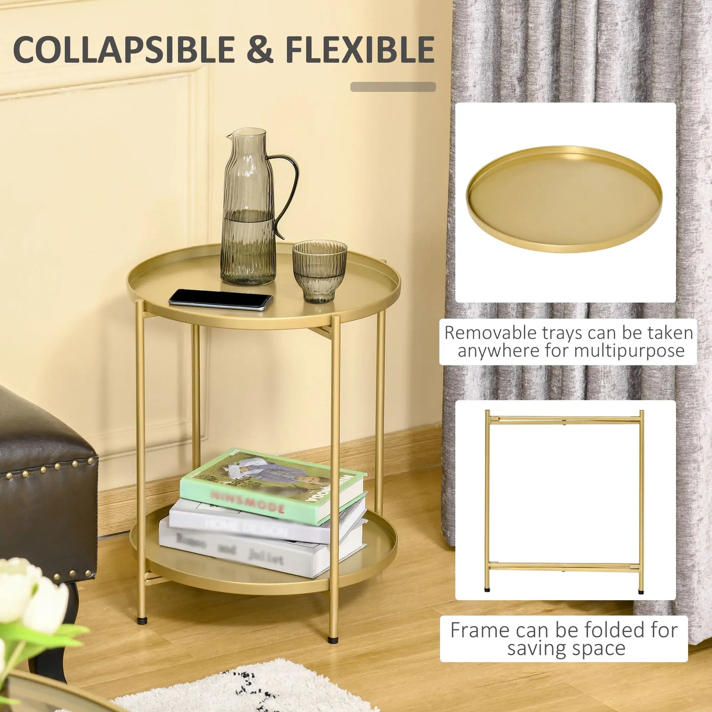 2-Tier Gold Side Table, Round Nightstand, Removable Trays, Folding Metal Frame, Gold Side Tables at Gallery Canada