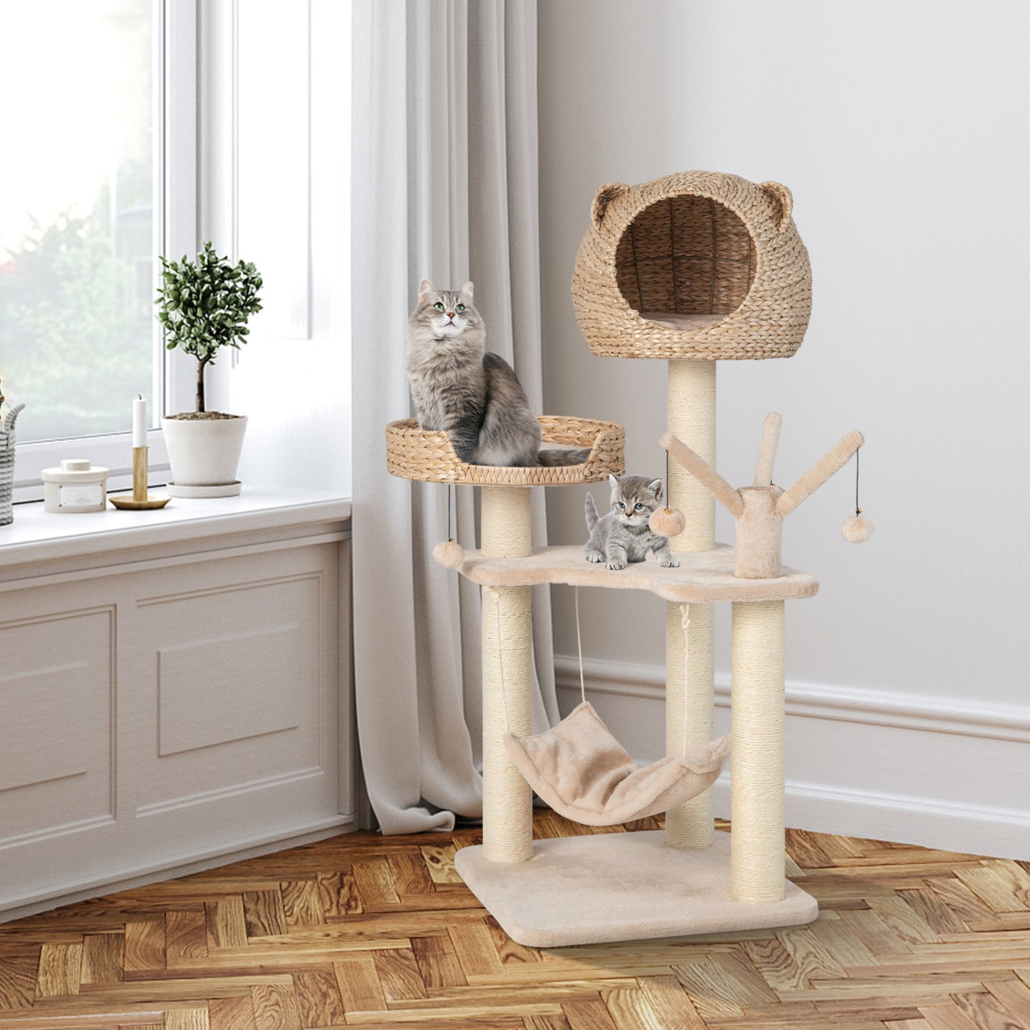 Multi-Level Cat Tree With Condo Hammock, Rotatable Hanging Balls, Natural Cat Trees Condos & Scratchers at Gallery Canada