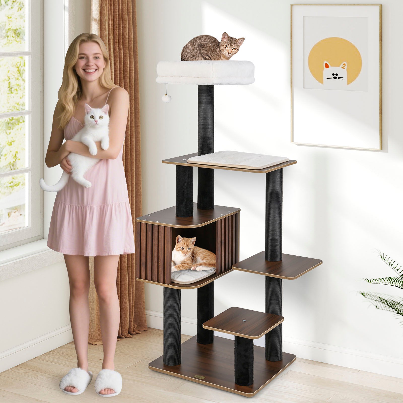 Multi-Level Cat Tree, 59.5 Inch Tall Cat Tower, Brown Cat Trees Condos & Scratchers at Gallery Canada