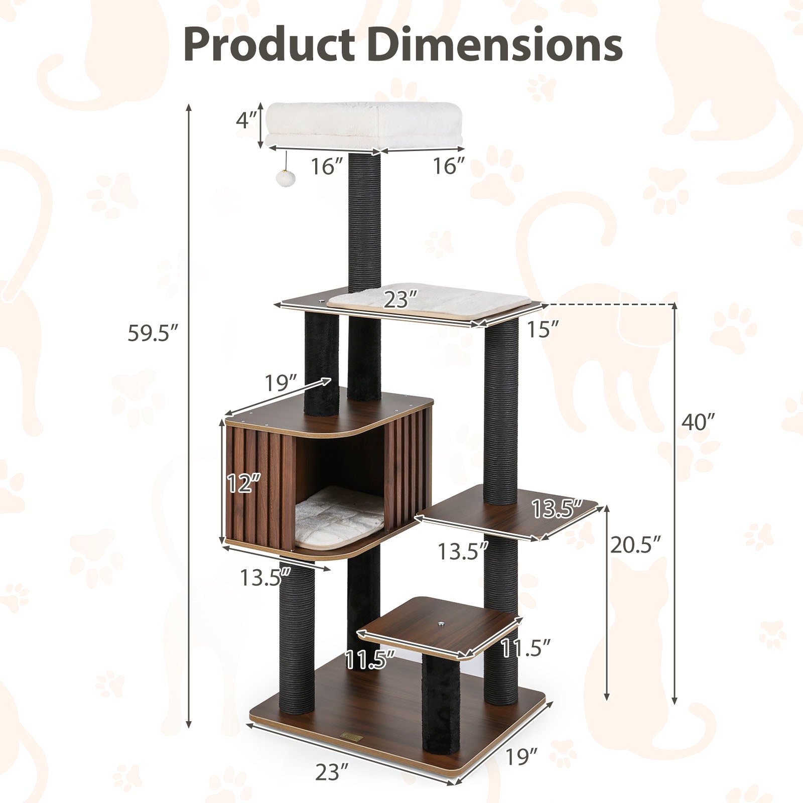 Multi-Level Cat Tree, 59.5 Inch Tall Cat Tower, Brown Cat Trees Condos & Scratchers at Gallery Canada