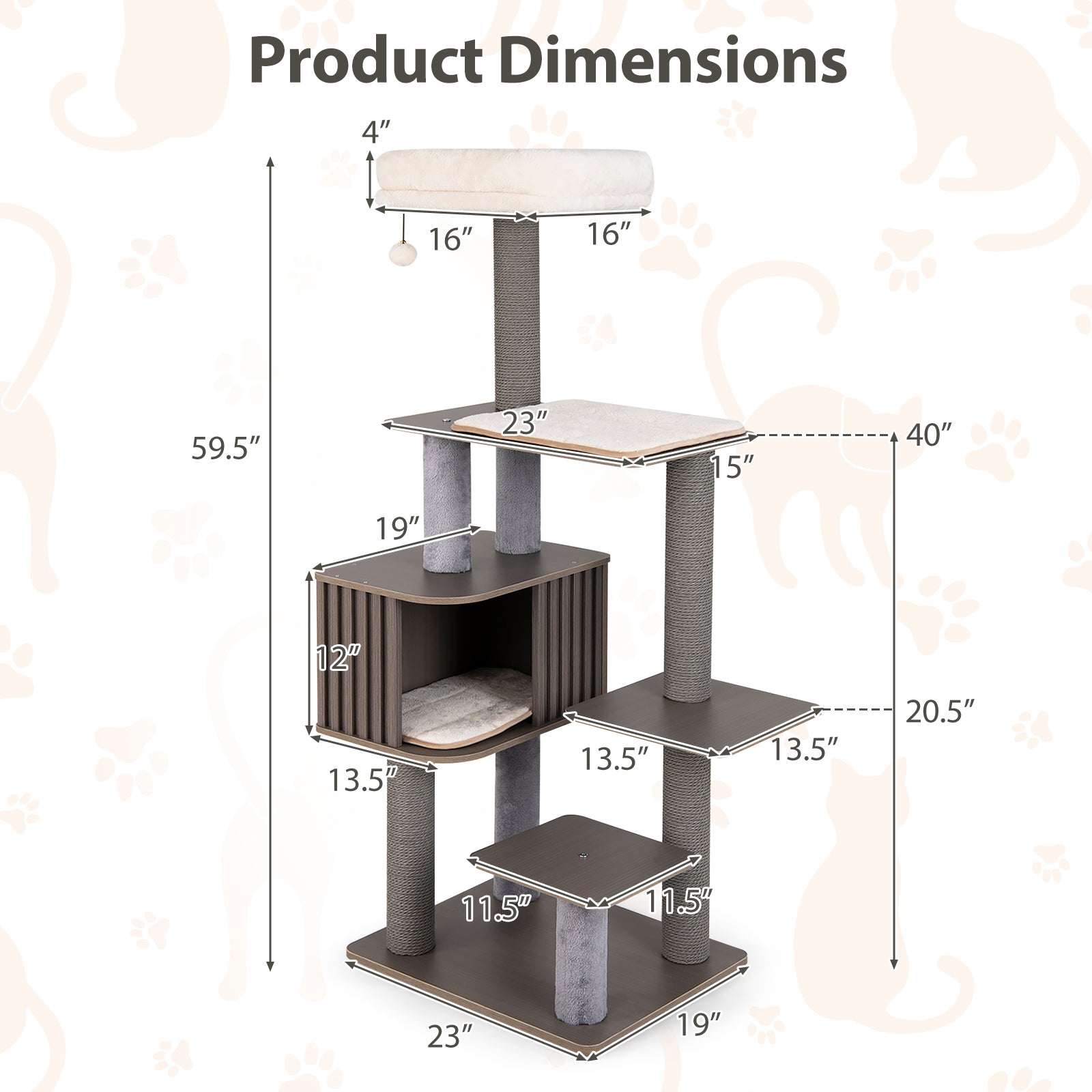 Multi-Level Cat Tree, 59.5 Inch Tall Cat Tower, Gray Cat Trees Condos & Scratchers at Gallery Canada