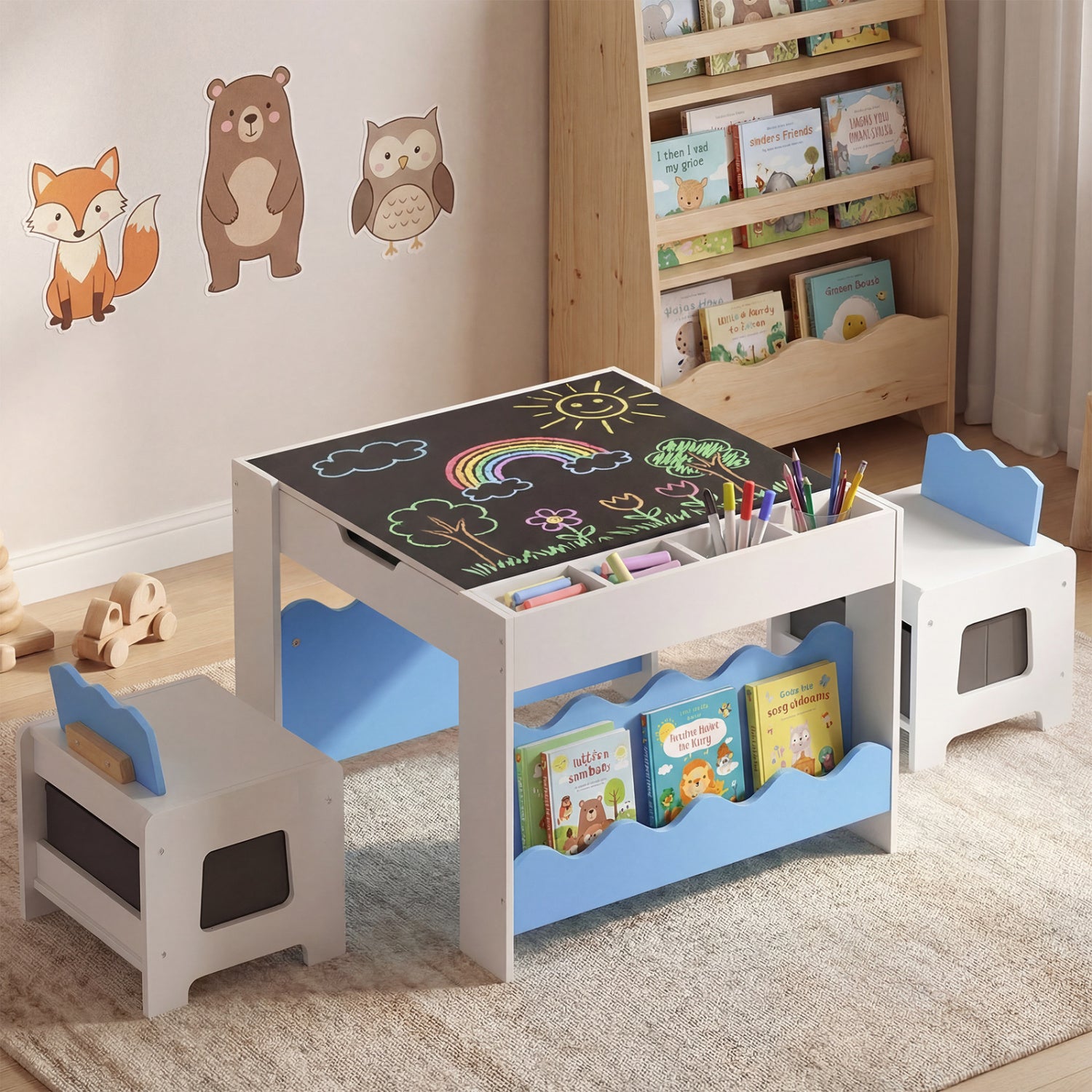 Kids Table And Chairs Set, Double-Sided Tabletop, Blue Kids Table & Chair Sets at Gallery Canada