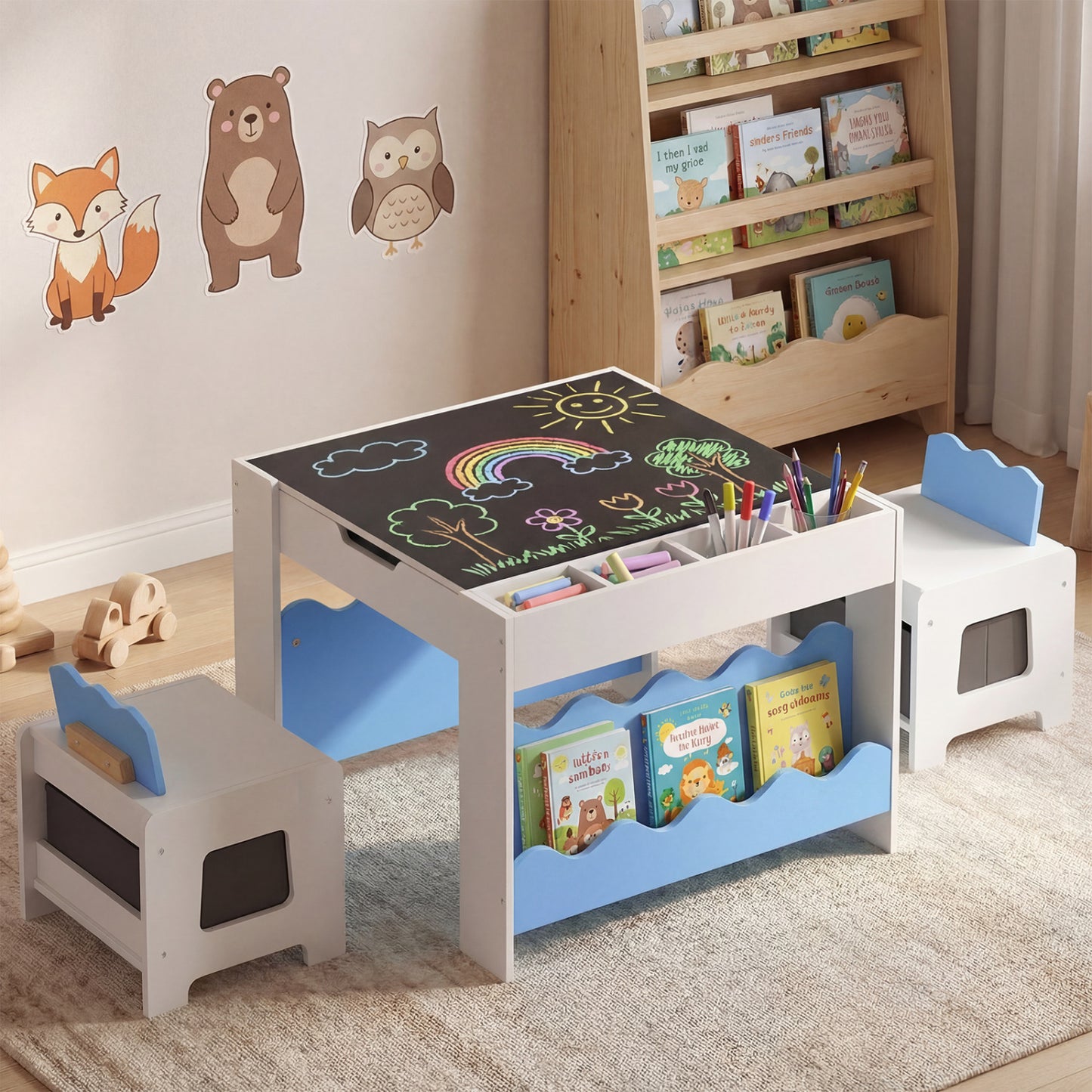 Kids Table And Chairs Set, Double-Sided Tabletop, Blue Kids Table & Chair Sets at Gallery Canada