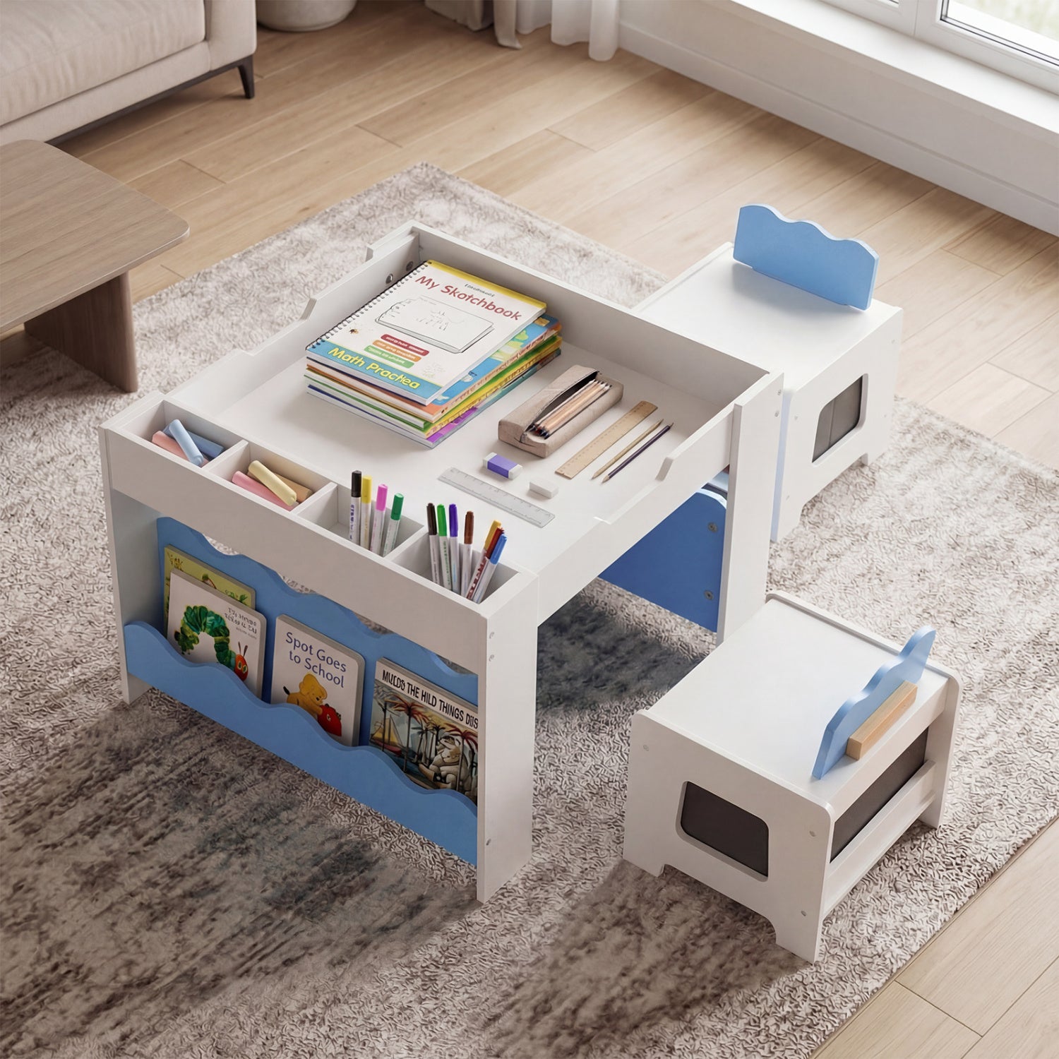Kids Table And Chairs Set, Double-Sided Tabletop, Blue Kids Table & Chair Sets at Gallery Canada