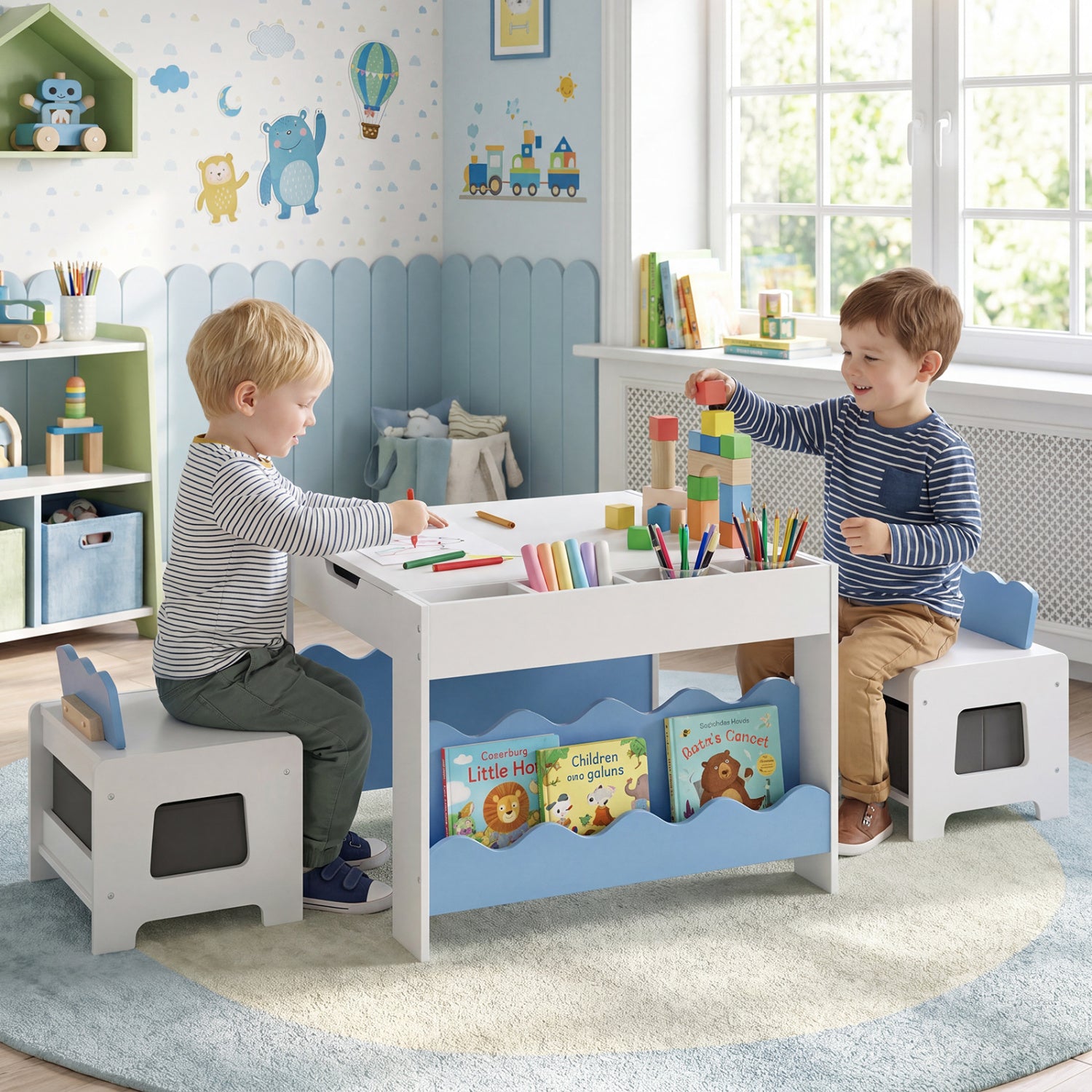 Kids Table And Chairs Set, Double-Sided Tabletop, Blue Kids Table & Chair Sets at Gallery Canada