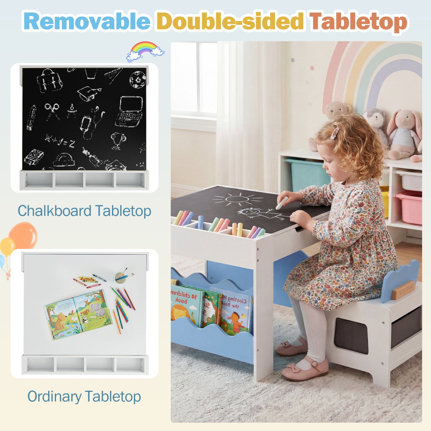 Kids Table And Chairs Set, Double-Sided Tabletop, Blue Kids Table & Chair Sets at Gallery Canada