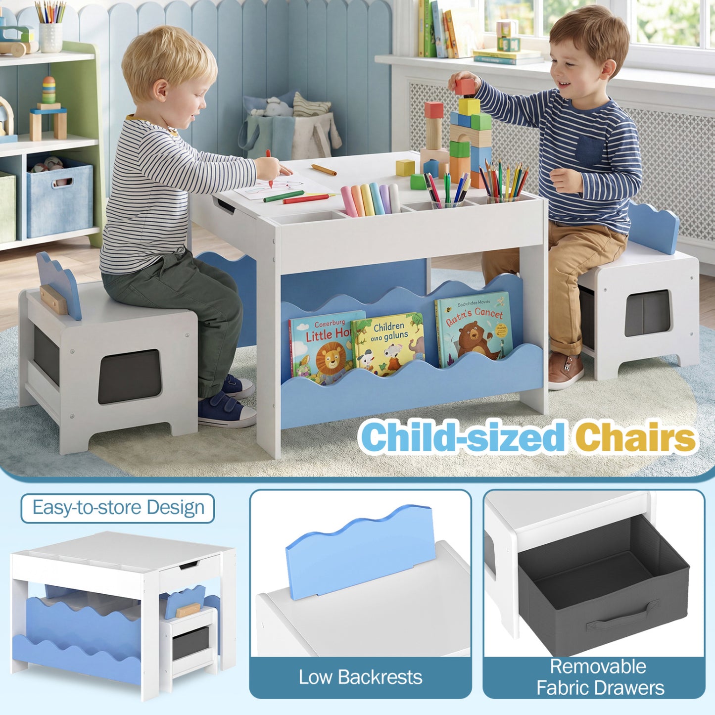Kids Table And Chairs Set, Double-Sided Tabletop, Blue Kids Table & Chair Sets at Gallery Canada
