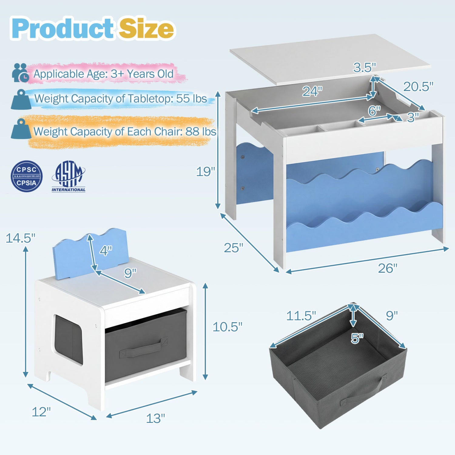 Kids Table And Chairs Set, Double-Sided Tabletop, Blue Kids Table & Chair Sets at Gallery Canada