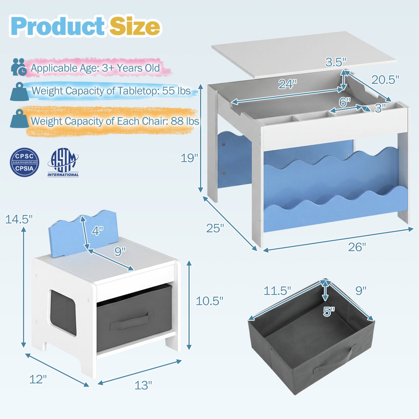Kids Table And Chairs Set, Double-Sided Tabletop, Blue Kids Table & Chair Sets at Gallery Canada
