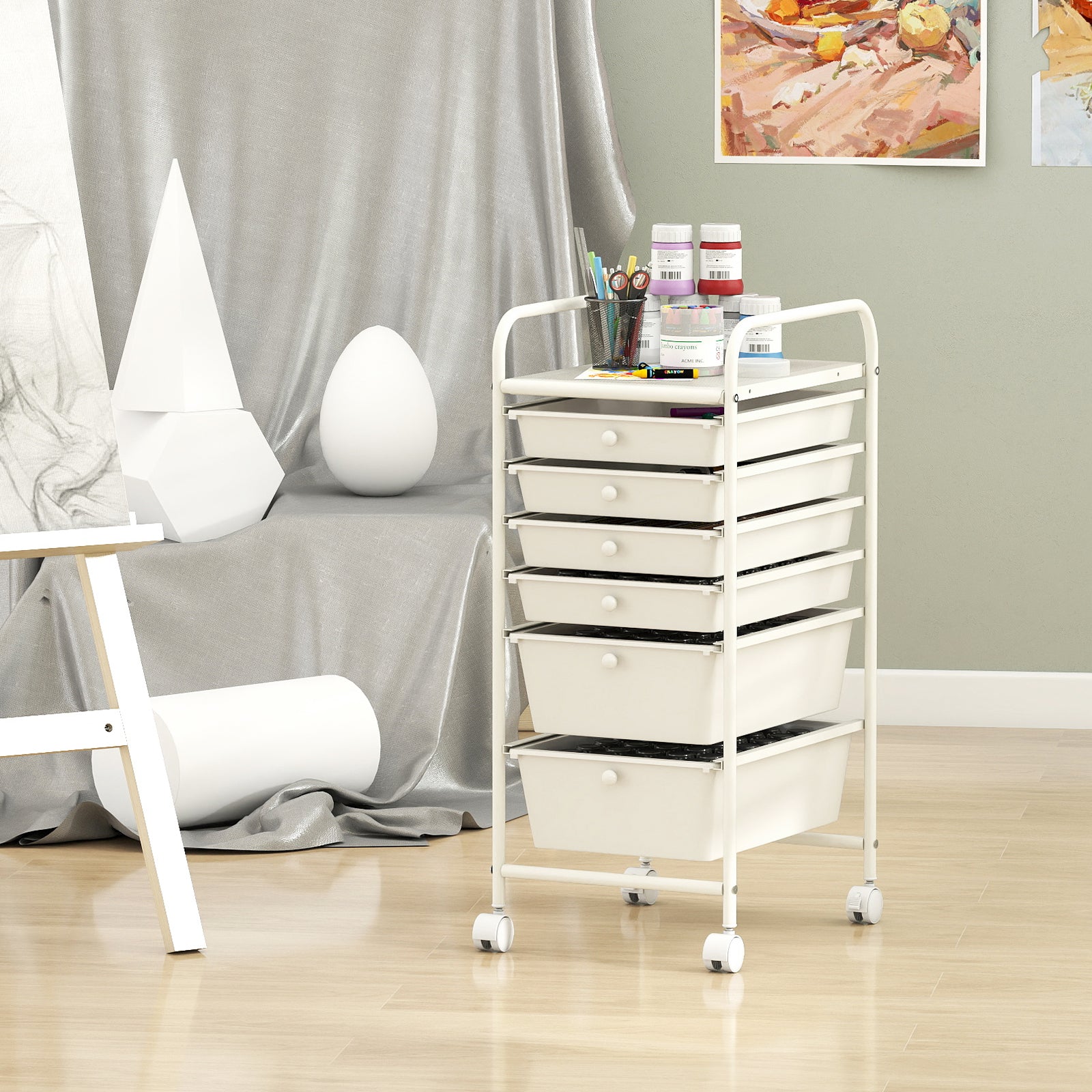 Multifunctional 6 Drawers Rolling Storage Cart Organizer, White File Cabinets at Gallery Canada