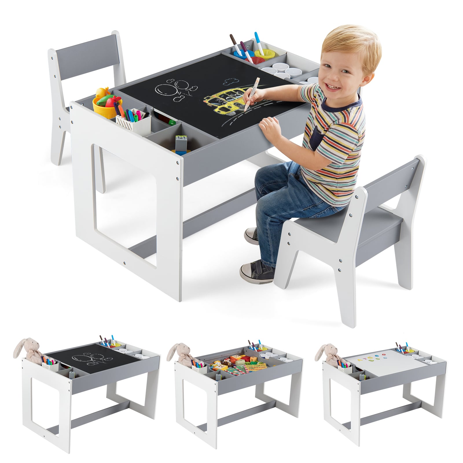 Multifunctional Kids Table and 2 Chairs Set with Chalkboard, Gray Kids Table & Chair Sets at Gallery Canada