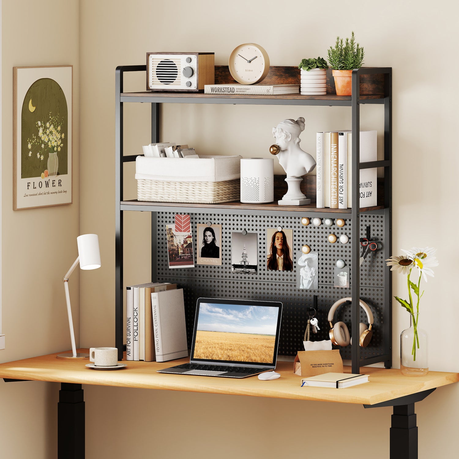 2-Tier Desktop Bookshelf With Pegboard, 32 Inch, Rustic Brown Bookcases at Gallery Canada
