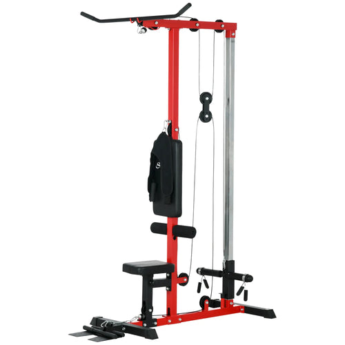 Lat Pull Down Machine, High Low Pulley, Adjustable Seat, Flip-Up Footplate, Red