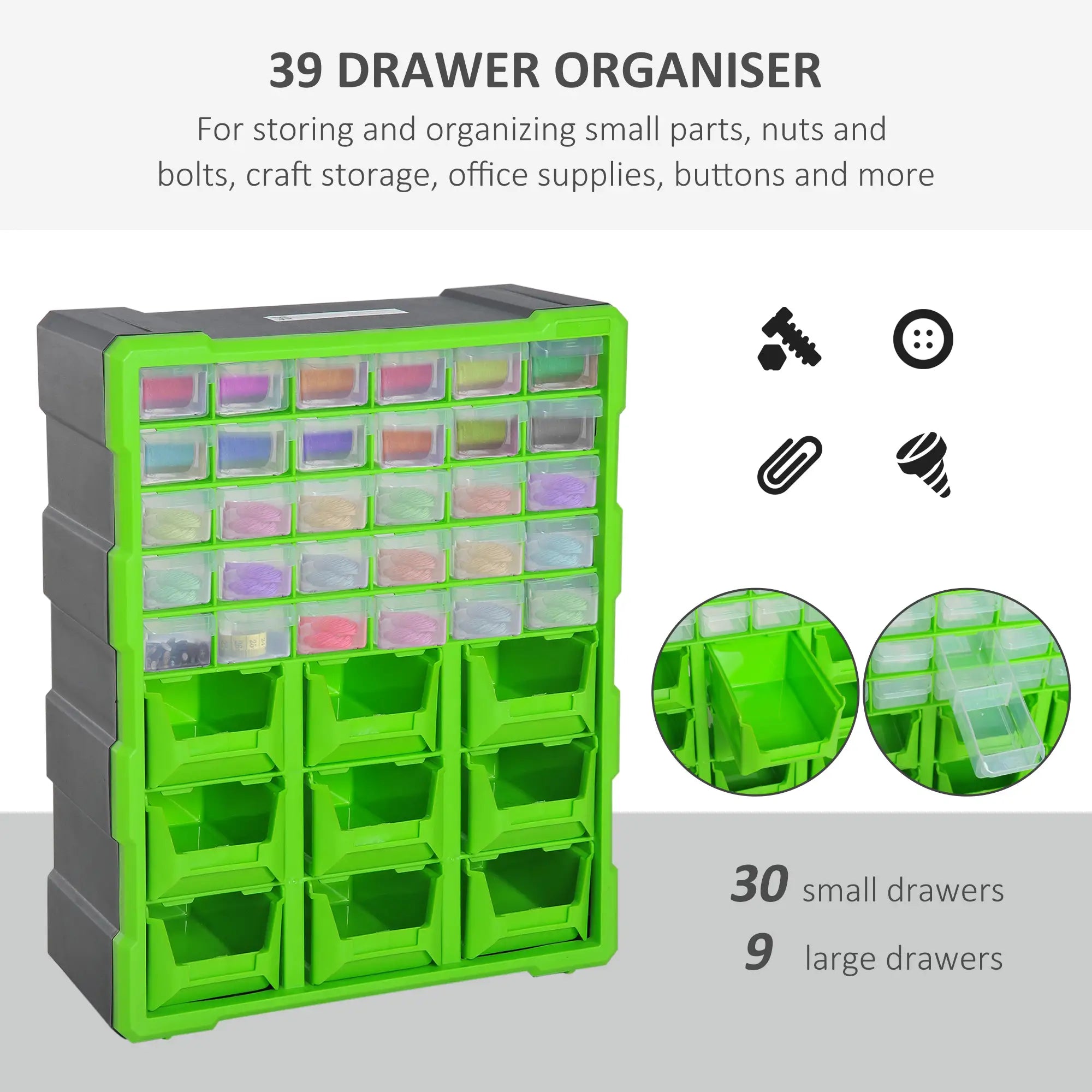 Plastic 39 Drawer Parts Organizer, Wall Mount Storage Cabinet, Green Tool Organizers at Gallery Canada