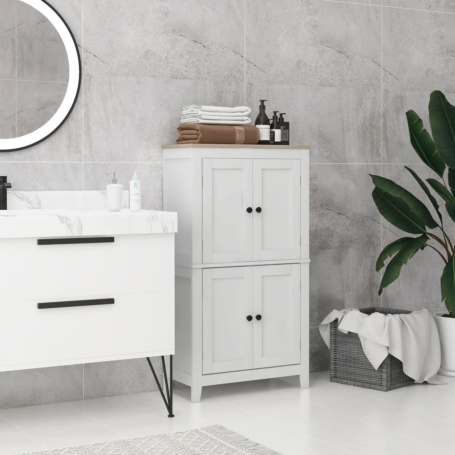 Bathroom Storage Cabinet, Modern Floor Cabinet, 4 Doors, 2 Shelves, White Freestanding Bathroom Cabinets at Gallery Canada