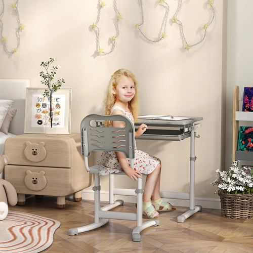 Adjustable Study Table and Chair Set, Drawer, Pen Slot, Grey