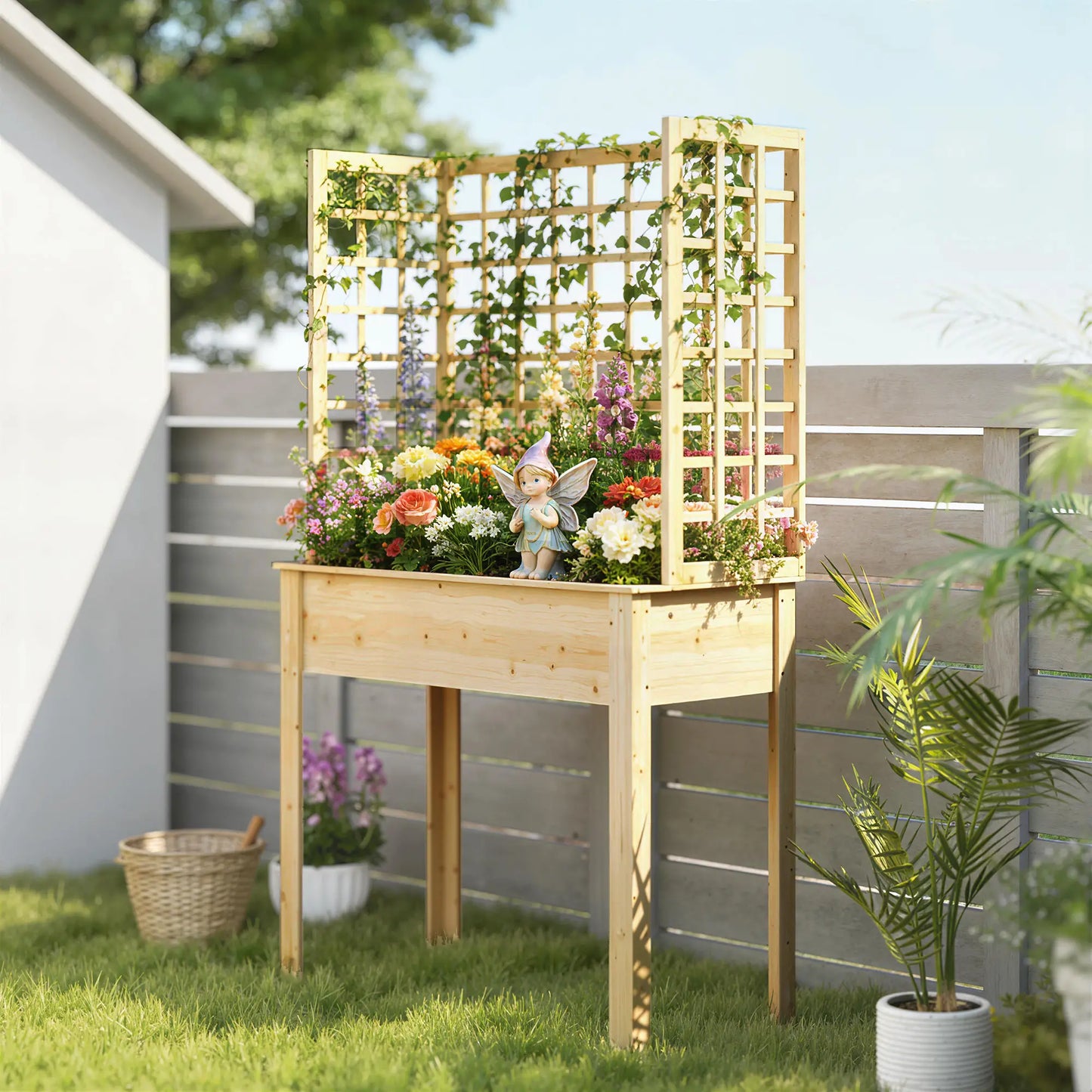 Wooden Raised Garden Bed With 3 Trellises, Planter With Drainage Holes Elevated Garden Beds at Gallery Canada