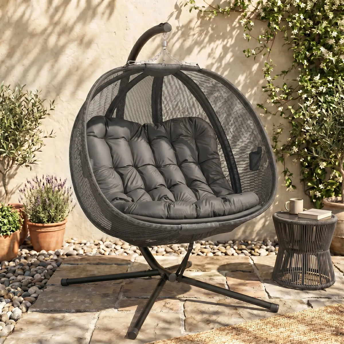 Double Egg Chair with Stand, 2 Person Hanging Swing, Grey Patio Swings with Stand at Gallery Canada