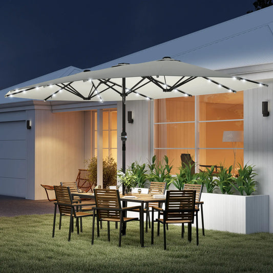 173" Double-Sided Sun Umbrella, Garden Parasol, Solar LED Light, Cream White Double-sided Umbrellas Cream at Gallery Canada