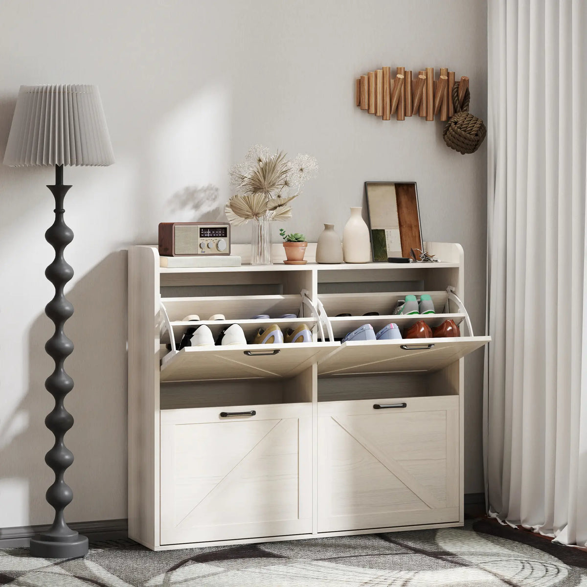 Narrow Shoe Storage Cabinet, 4 Flip Drawers, Adjustable Shelves, 16 Pair, White Oak Shoe Storage Cabinets & Racks at Gallery Canada