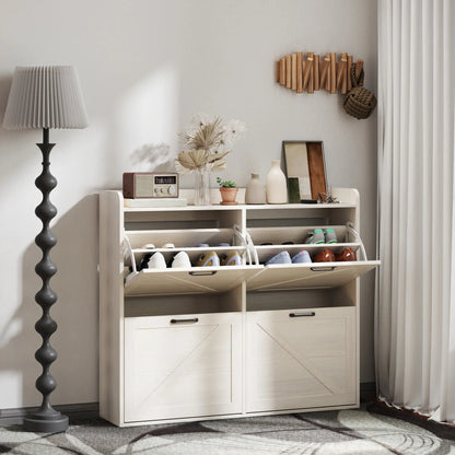 Narrow Shoe Storage Cabinet, 4 Flip Drawers, Adjustable Shelves, 16 Pair, White Oak Shoe Storage Cabinets & Racks at Gallery Canada