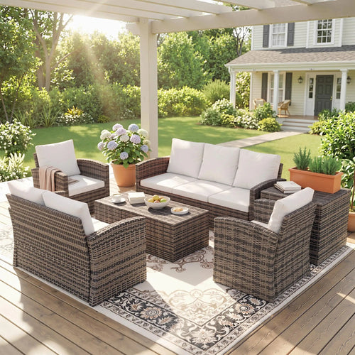 6-Piece Wicker Patio Furniture Set, 7-Seater with Cushions, Cream White