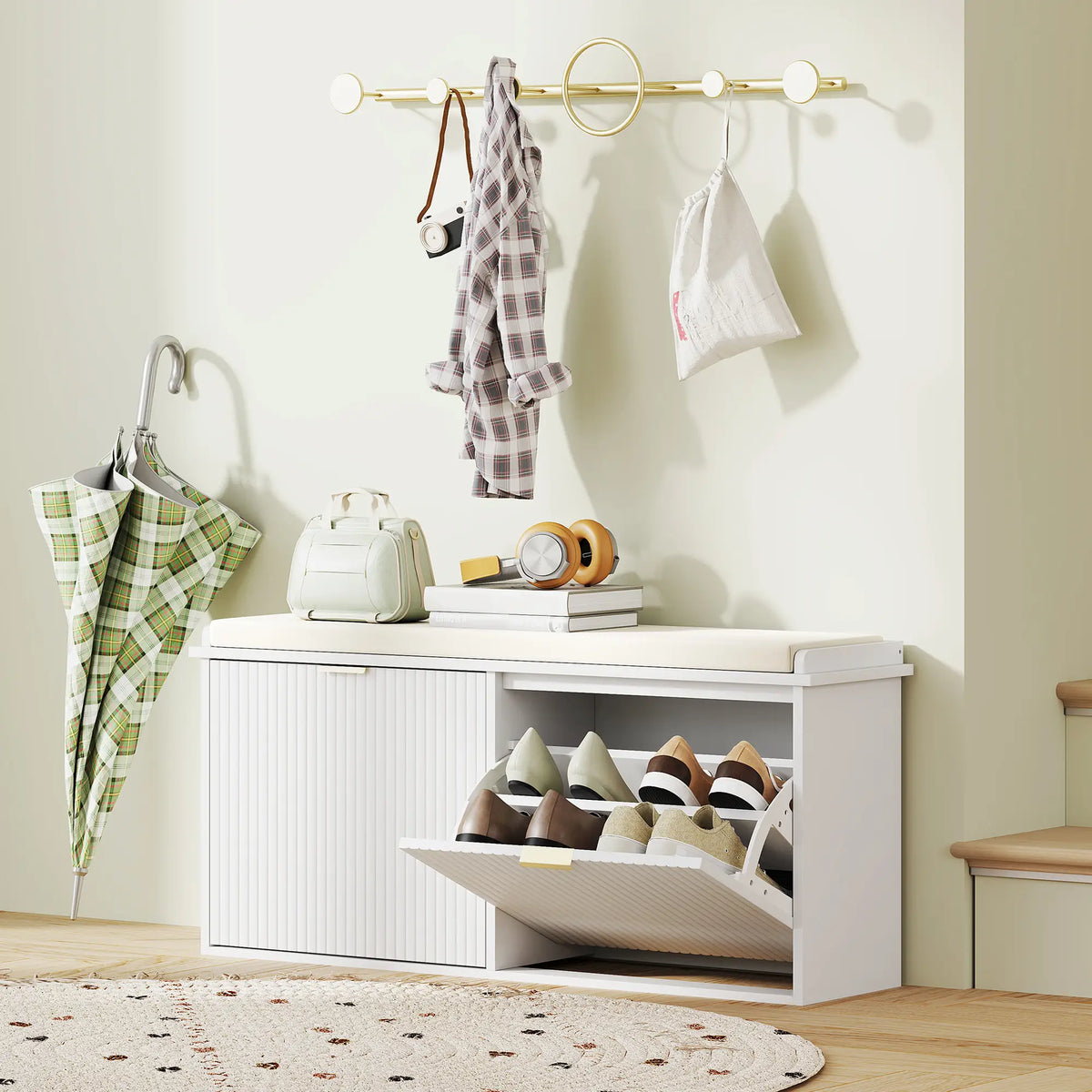 Entryway Bench with Padded Seat, Flip-Drawers, Holds 529lbs, White Shoe Storage Cabinets & Racks at Gallery Canada