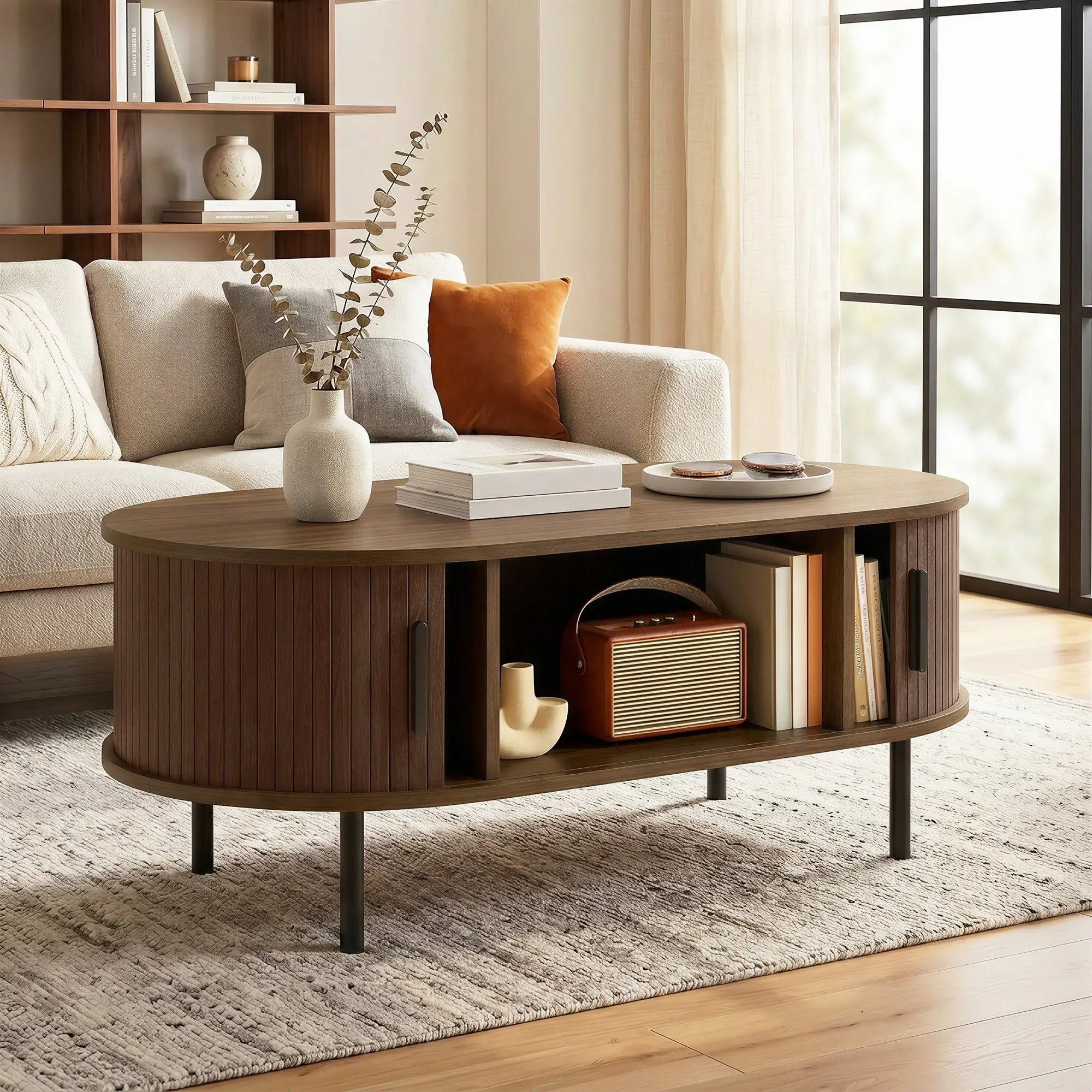 Coffee Table with Sliding Tambour Doors and Storage Center Table with Metal Legs, 39