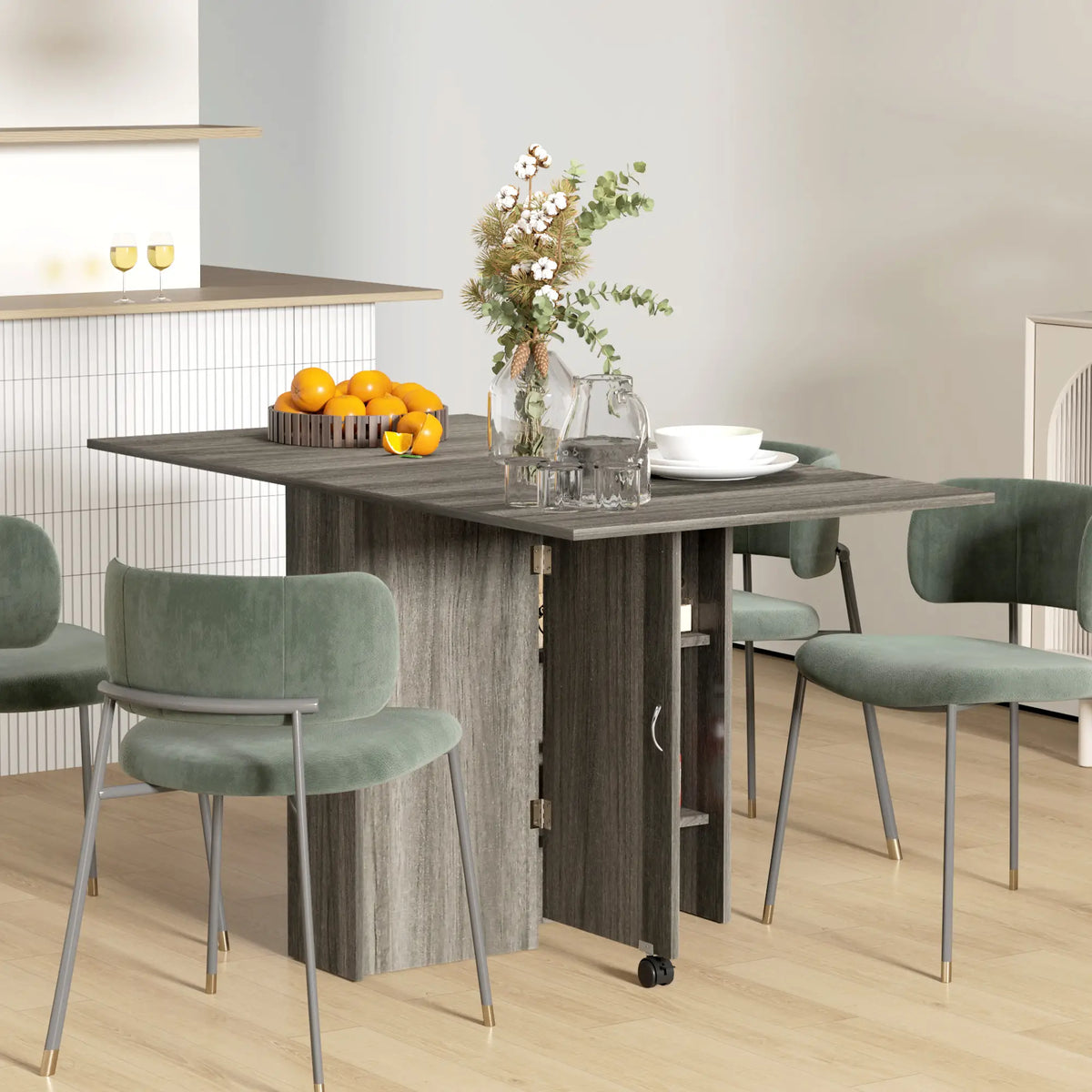 Extendable Dining Table, Collapsible w/ Shelves, Grey Wood Grain, Grey Dining Tables at Gallery Canada