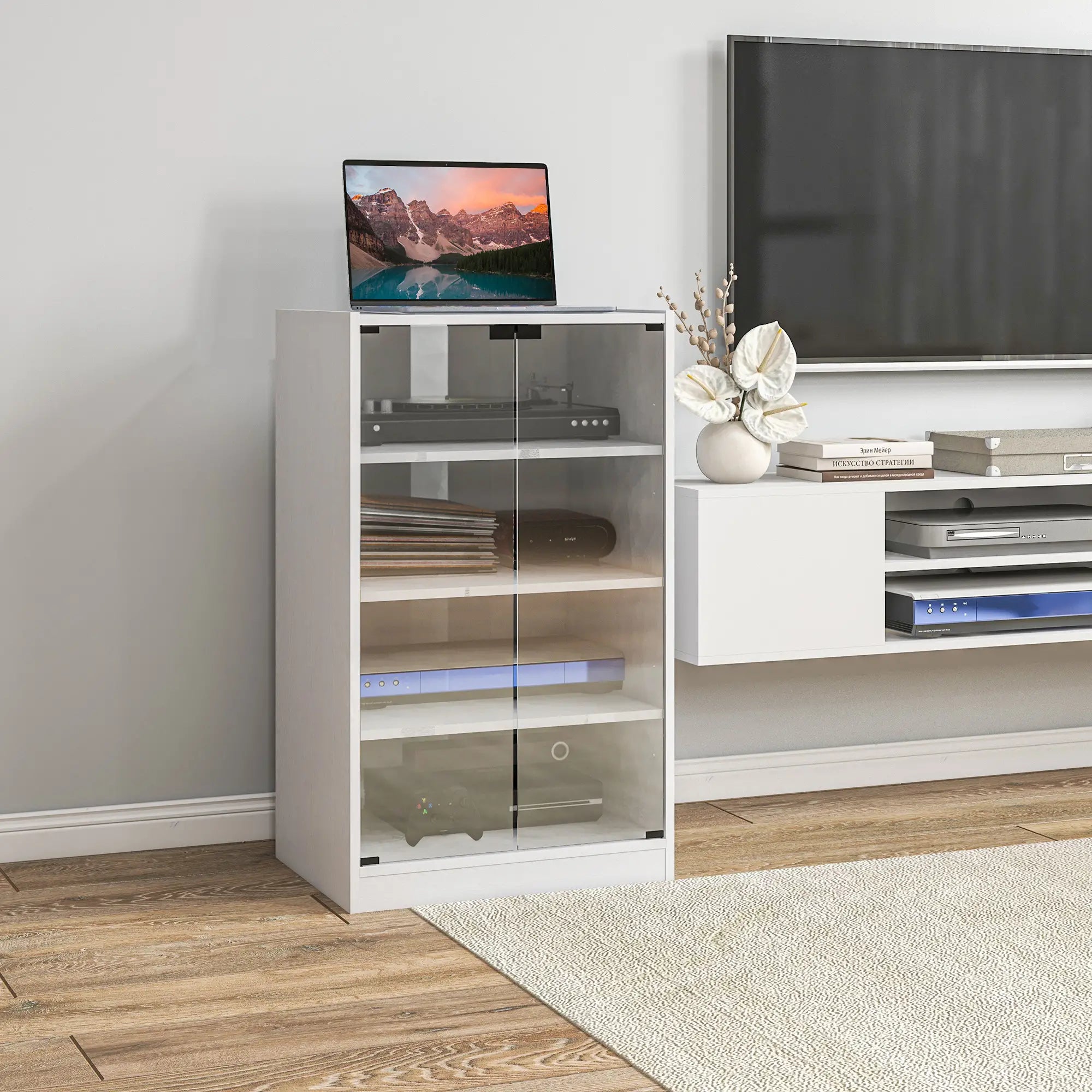 5-Tier Media Cabinet, Adjustable Shelves, Tempered Glass Doors, Distressed, White Storage Cabinets at Gallery Canada
