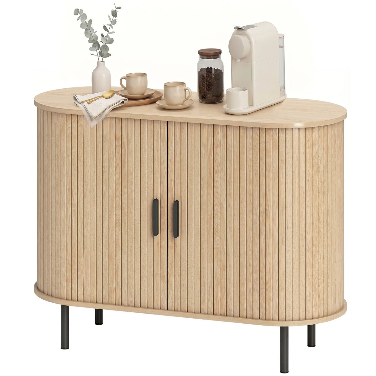 Sideboard Buffet Cabinet with Curved Tambour Doors, Natural Wood, Natural Wood Storage Cabinets Natural Wood, Black at Gallery Canada