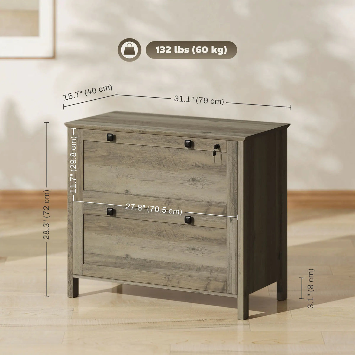 2 Drawer File Cabinet, Lockable, Adjustable Hanging Bar, Letter, A4 Size, Weathered Grey Oak Office Cabinets & Cupboards at Gallery Canada