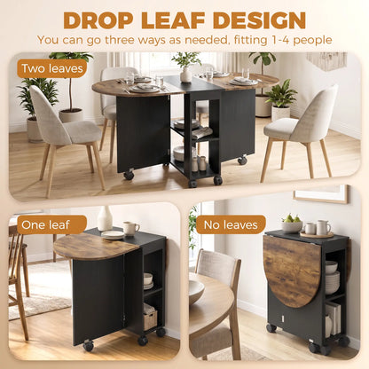 Folding Dining Table, Drop Leaf Design, 2 Shelves, 120cm, Rustic Brown, Brown Dining Tables at Gallery Canada
