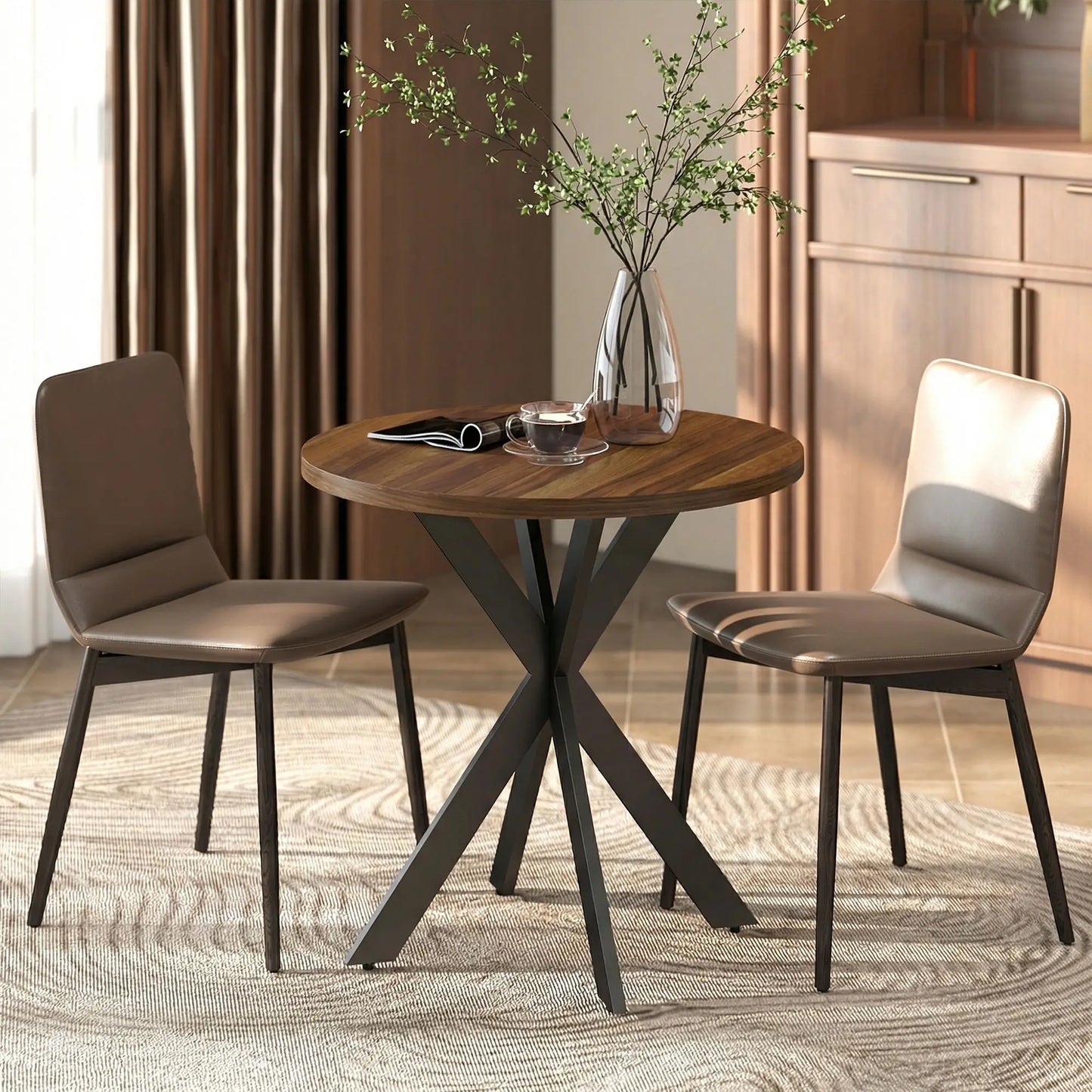 29" Round Dining Table, Walnut Finish, Steel Legs Dining Tables at Gallery Canada