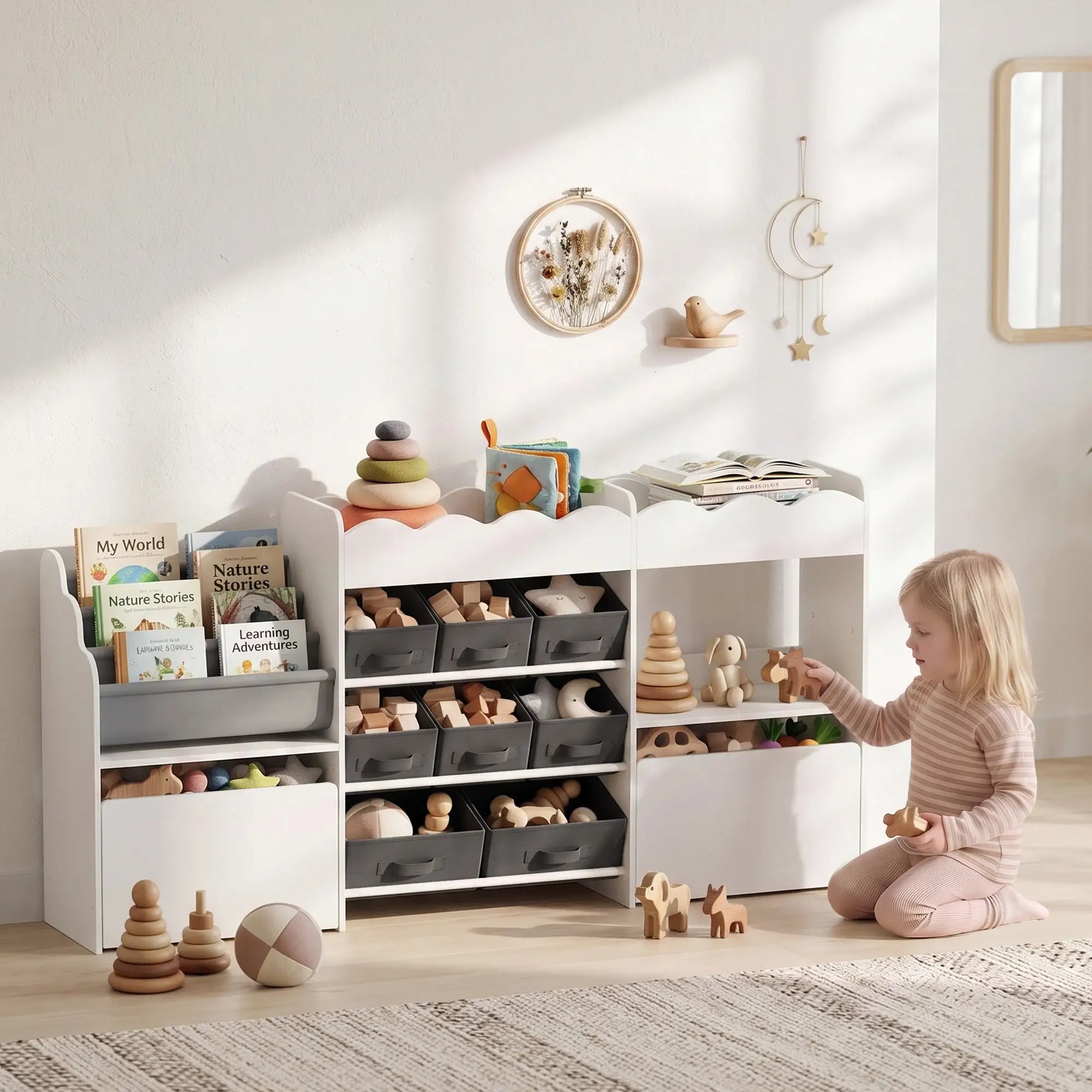 Kids Toy Storage Organizer, Bookshelf with 8 Fabric Bins, 2 Rolling Drawers, White Bookshelves & Bookcases at Gallery Canada