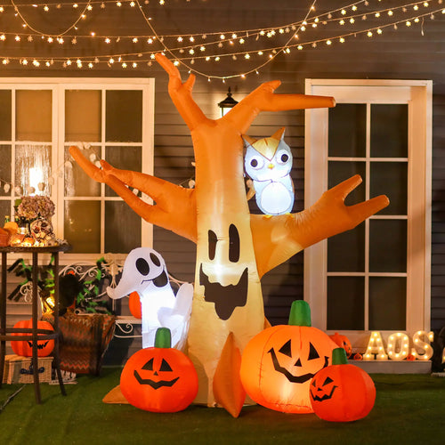 Inflatable Halloween Decoration, Haunted Tree with Owl, Ghost, Pumpkins, Outdoor LED Display, 6.5FT