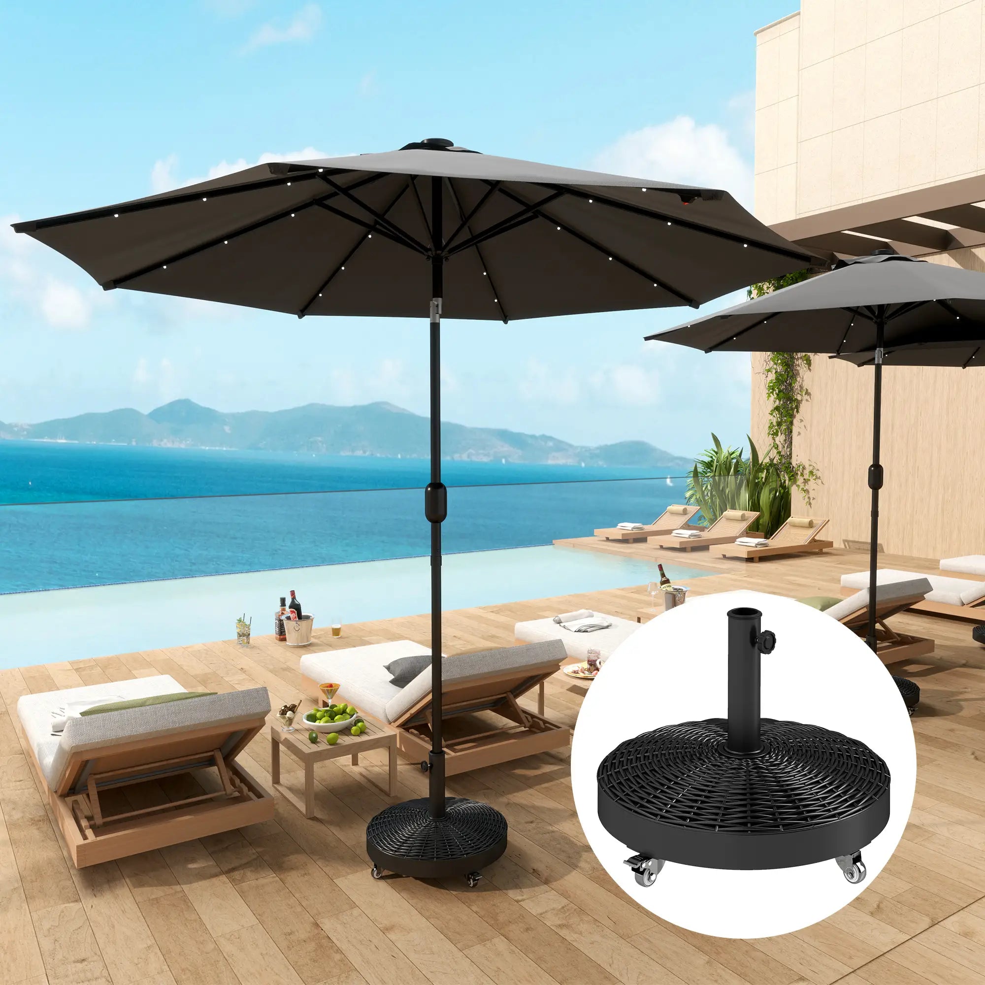 Round Umbrella Base With Wheels, Cement-Filled 55 Lbs, Black Umbrella Bases at Gallery Canada