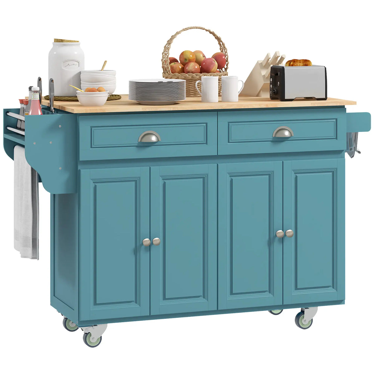 Rolling Kitchen Island with Storage, Drop Leaf, Rubber Wood Top, Light Blue Kitchen Islands & Kitchen Carts Light Blue at Gallery Canada