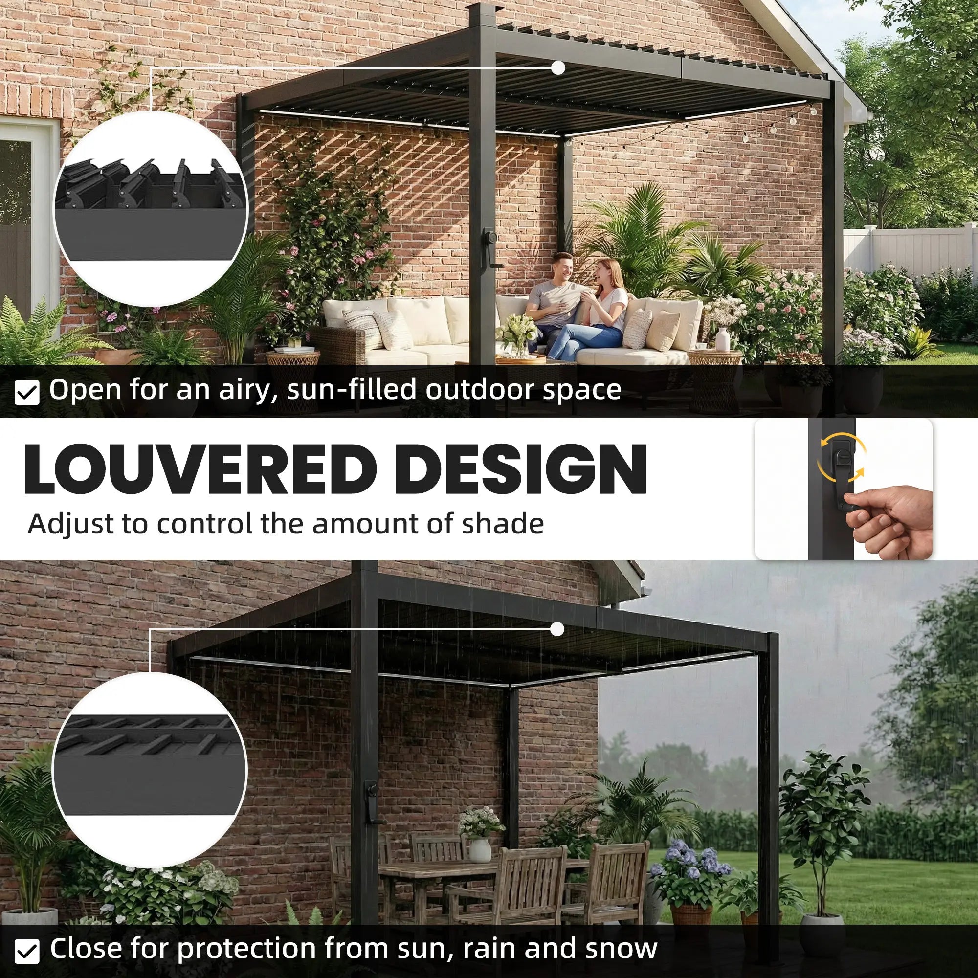 10 x 10 ft Louvered Pergola with Solar LED lights, Metal Roof, Outdoor Pergola Gazebo with Drainage Gutters, Black Pergolas at Gallery Canada