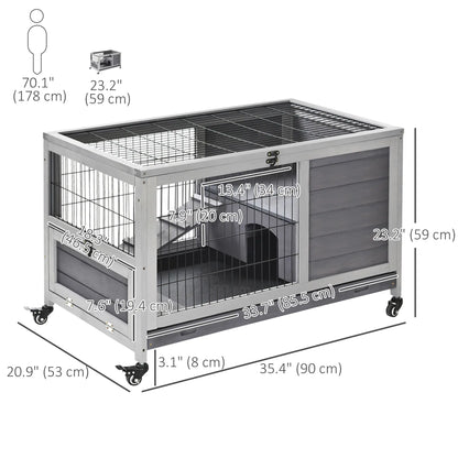 Wooden Indoor Rabbit Hutch, Elevated Bunny Cage with Wheels, Grey Rabbit Hutch at Gallery Canada